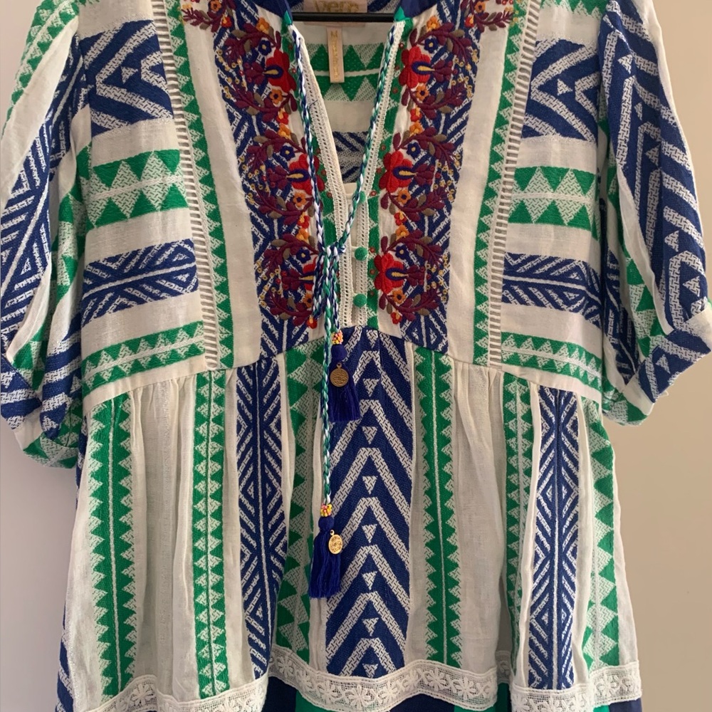 Anthropologie White Top with Blue and Green Geometric Print - Picture 12 of 16